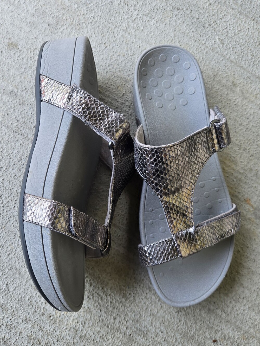 Vionic Metallic Snake-Print Slide Sandals in Silver and Gray